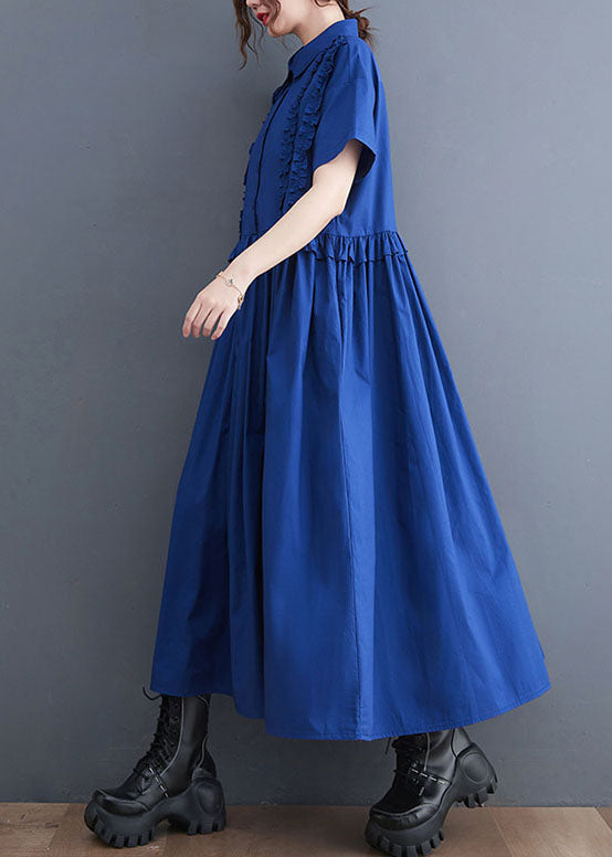 Italian Blue Ruffled Patchwork Long Cotton Shirts Dresses Summer