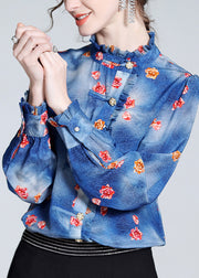 Italian Blue Ruffled Print Button Silk Shirt Long Sleeve