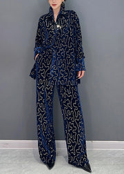 Italian Blue Sequins Tops And Pants Velour Two Piece Suit Set Fall