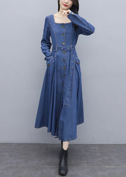 Italian Blue Solid Square Collar Button Pockets Sashes Cotton Denim Long Dresses Long Sleeve