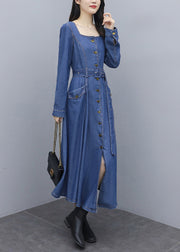 Italian Blue Solid Square Collar Button Pockets Sashes Cotton Denim Long Dresses Long Sleeve