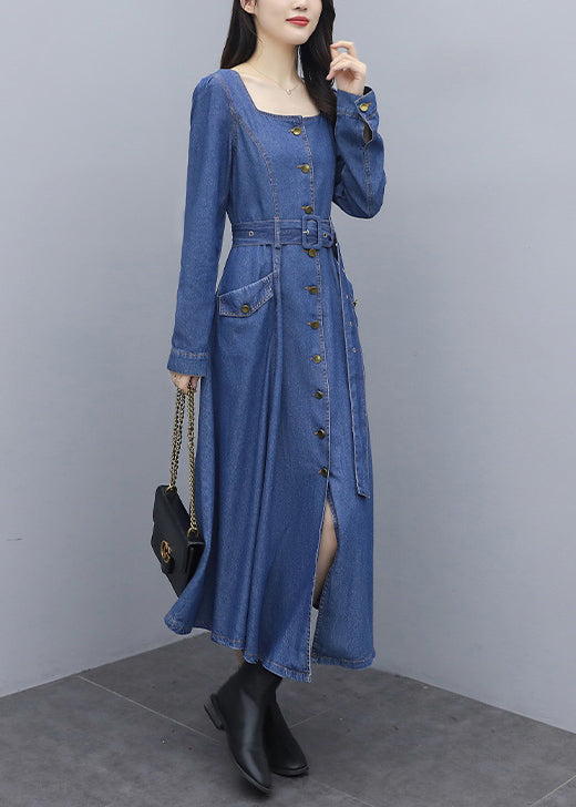 Italian Blue Solid Square Kragen Knopf Taschen Schärpen Baumwolle Denim Lange Kleider Langarm