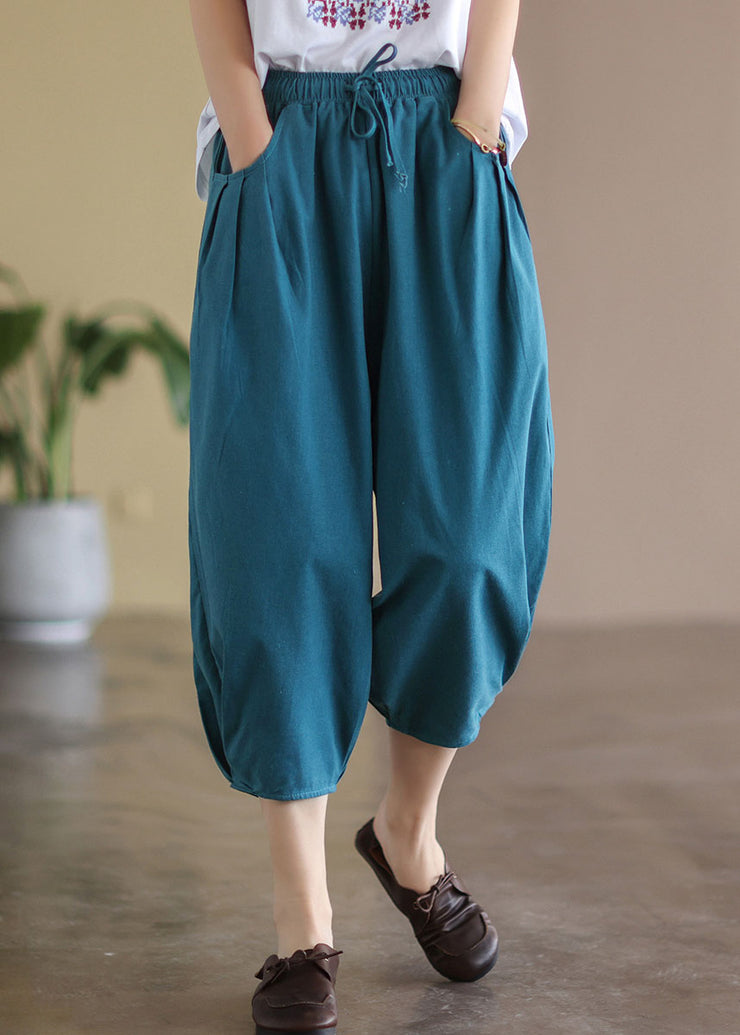 Italian Blue Solid Wrinkled Pockets Linen Crop Pants Summer