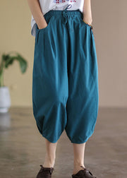 Italian Blue Solid Wrinkled Pockets Linen Crop Pants Summer