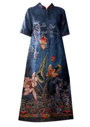 Italian Blue Stand Collar Patchwork Silk Dresses Summer