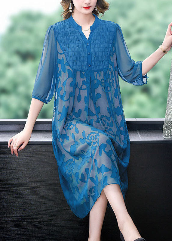 Italian Blue Stand Collar Print Patchwork Chiffon Dresses Summer
