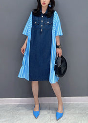 Italian Blue Striped Denim Patchwork Cotton Shirts Dresses Summer