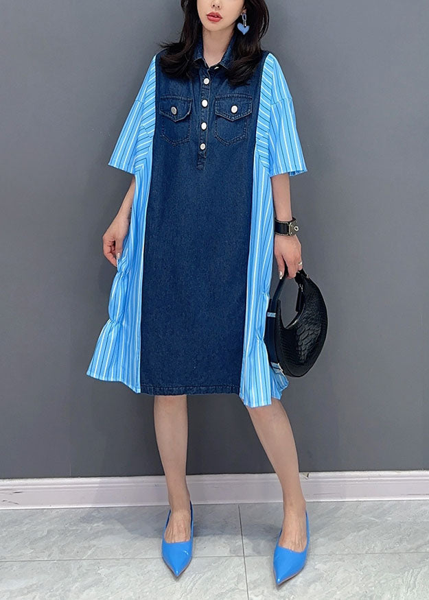 Italian Blue Striped Denim Patchwork Cotton Shirts Dresses Summer