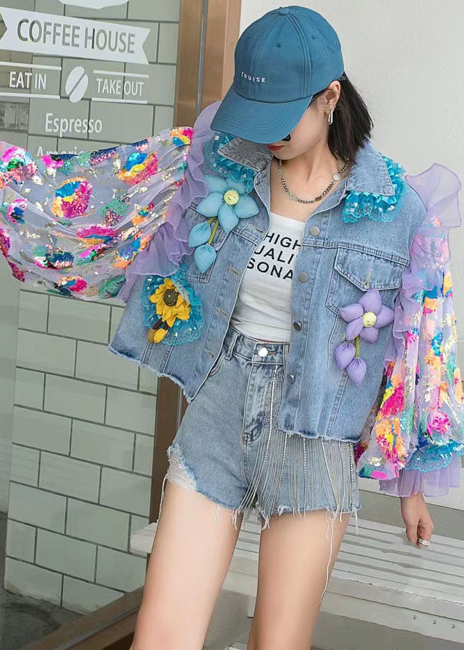 Italian Blue Tulle Ruffled Sequins Floral Decorated Patchwork Denim Coat Spring