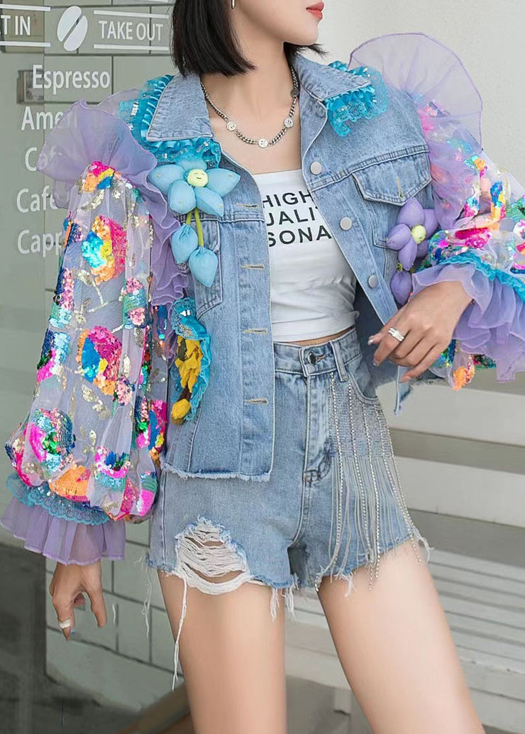 Italian Blue Tulle Ruffled Sequins Floral Decorated Patchwork Denim Coat Spring