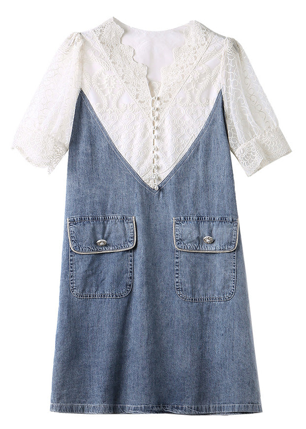 Italian Blue V Neck Lace Patchwork Fake Two Pieces Denim Mid Dresses Summer