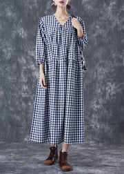 Italian Blue V Neck Patchwork Plaid Cotton Long Dress Summer