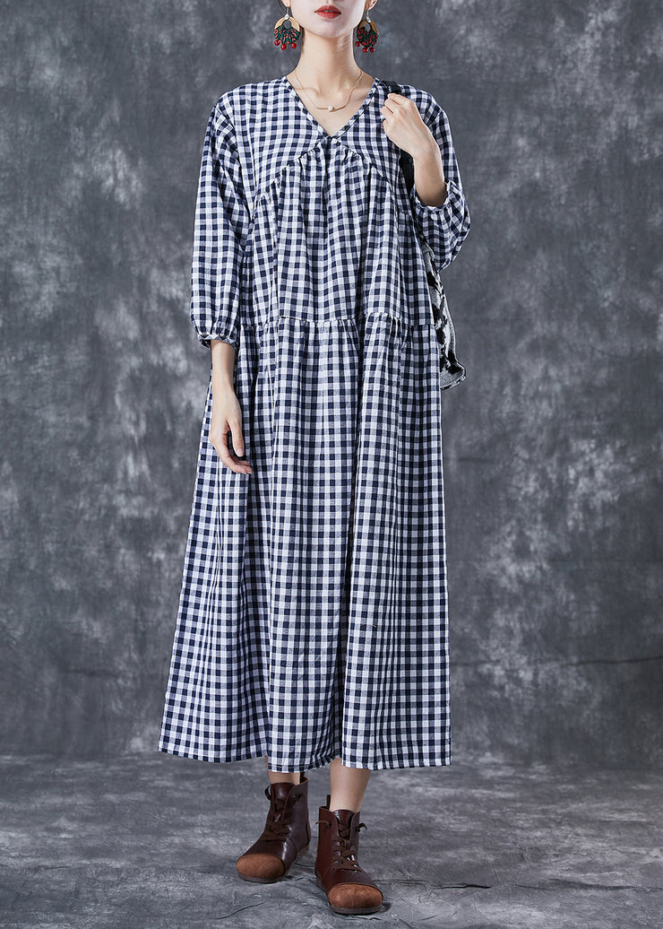 Italiensk V-hals patchwork plaid lang kjole sommer – SooLinen