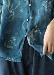 Italienisches blaues Leinenhemd mit V-Ausschnitt und Druck Frühling