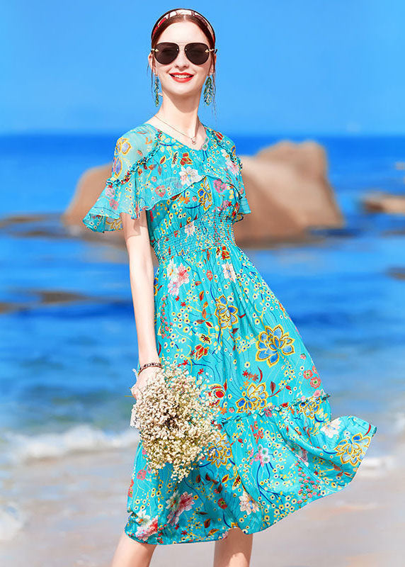 Italian Blue V Neck Ruffled Print Elastic Waist Silk Beach Dresses Cloak Sleeves
