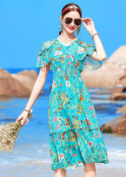 Italian Blue V Neck Ruffled Print Elastic Waist Silk Beach Dresses Cloak Sleeves