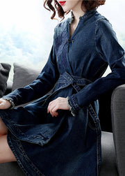 Italian Blue V Neck Sashes Embroidered Cotton denim Dress Long sleeve