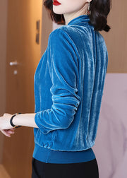Italian Blue V Neck Wrinkled Patchwork Velour Shirts Fall