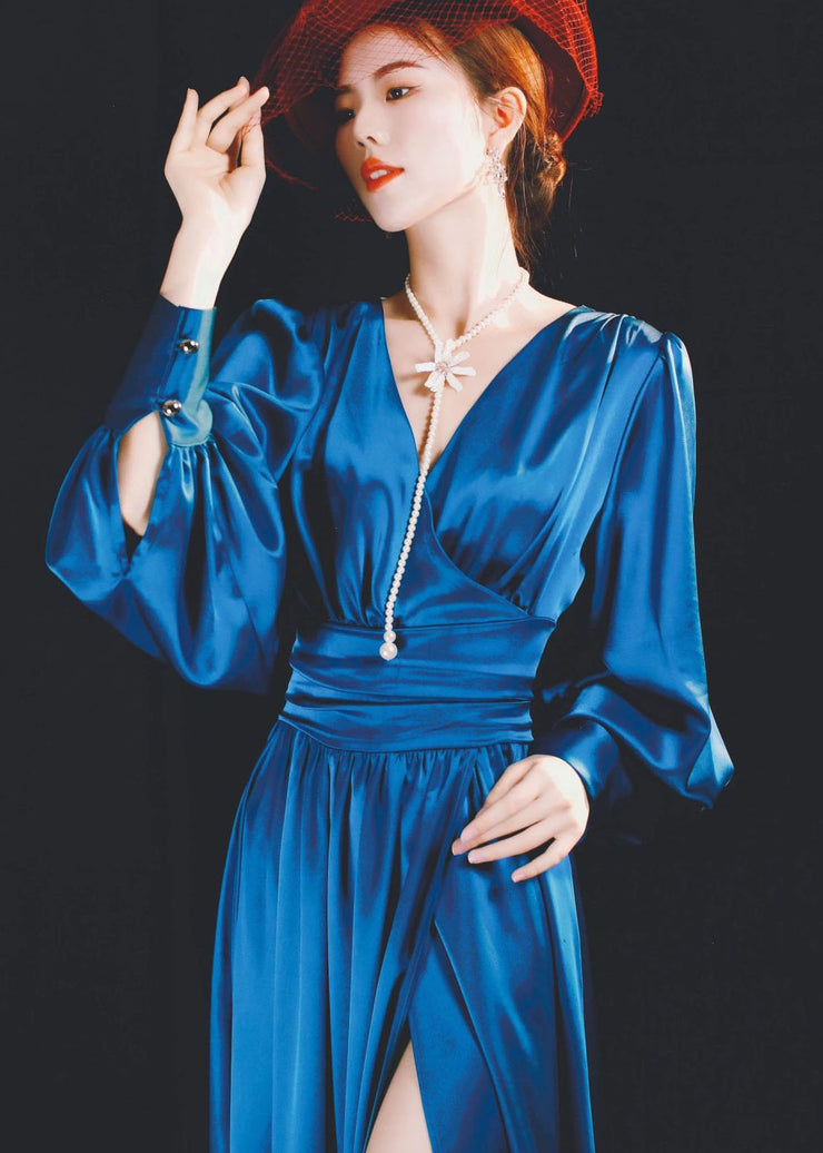 Italian Blue V Neck Wrinkled Side Open Silk Vacation Maxi Dresses Long Sleeve
