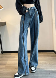 Italian Blue Zip Up Pockets Denim Wide Leg Pants Spring
