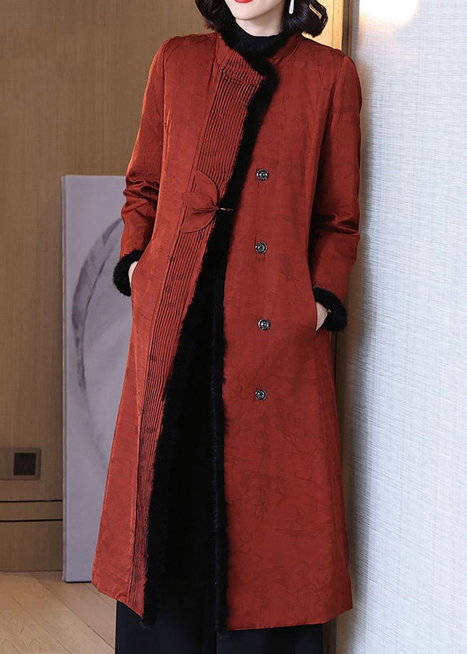 Italian Brick Red Fluffy Button Patchwork Duck Down Coat Long Sleeve