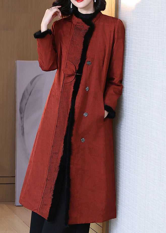 Italian Brick Red Fluffy Button Patchwork Duck Down Coat Long Sleeve