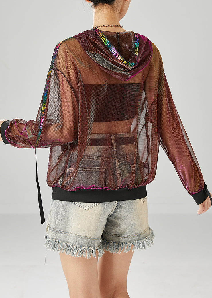 Italian Brown Hooded Patchwork Hollow Out Tulle Coats Fall
