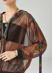 Italian Brown Hooded Patchwork Hollow Out Tulle Coats Fall