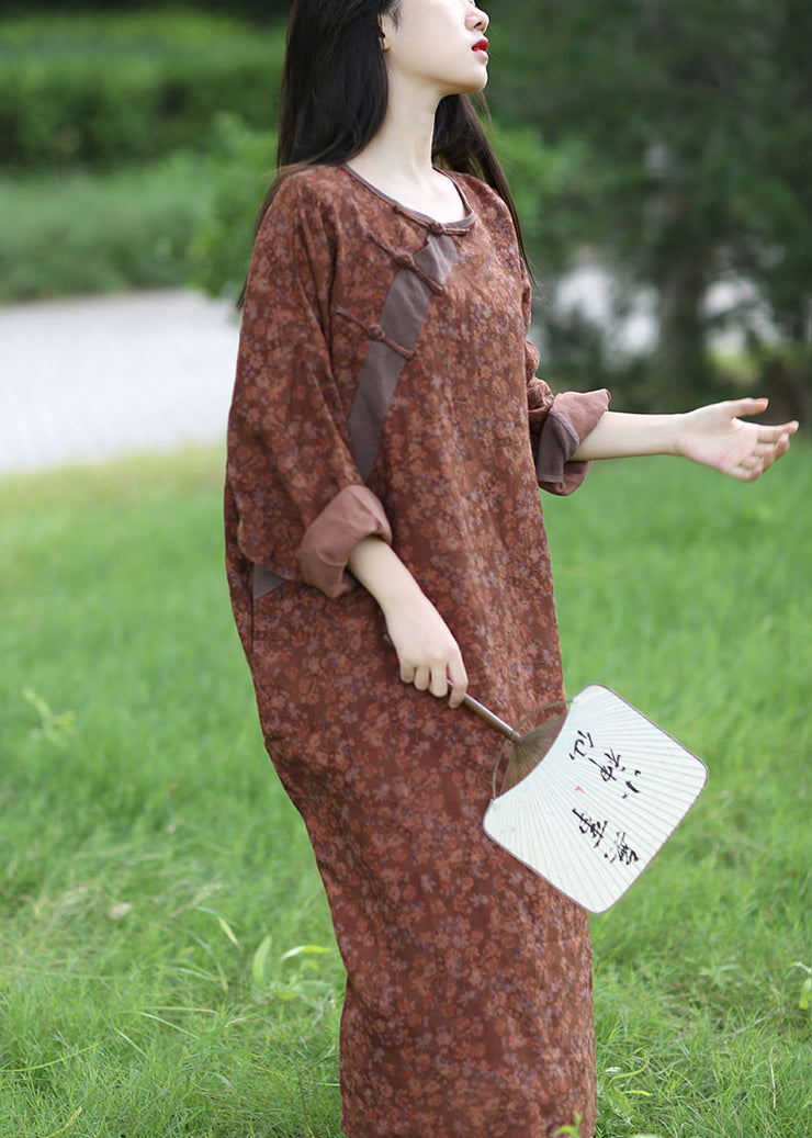 Italian Brown O-Neck Oversized Patchwork Print Linen Vacation Dresses Spring