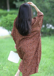 Italian Brown O-Neck Oversized Patchwork Print Linen Vacation Dresses Spring