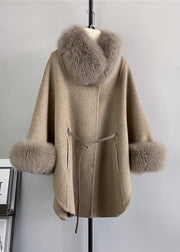 Italian Brown Pockets Fur Collar Tie Waist Woolen Coats Winter