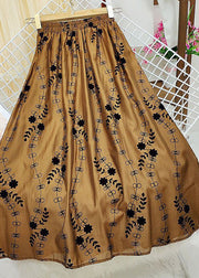 Italian Brown Print Elastic Waist Silk A Line Skirt Summer