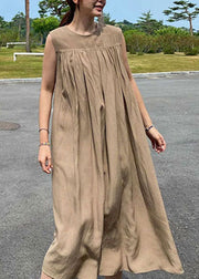 Italian Camel O Neck Wrinkled Patchwork Linen Maternity Dress Sleeveless