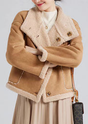 Italian Camel Stand Collar Button Patchwork Wool Coats Winter