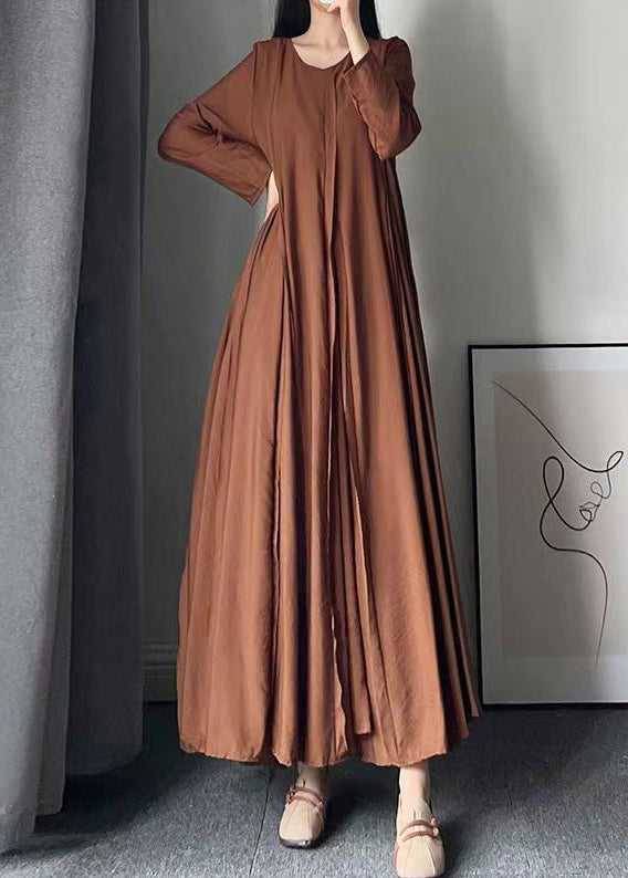 Italian Caramel O Neck Wrinkled Patchwork Cotton Long Dress Fall