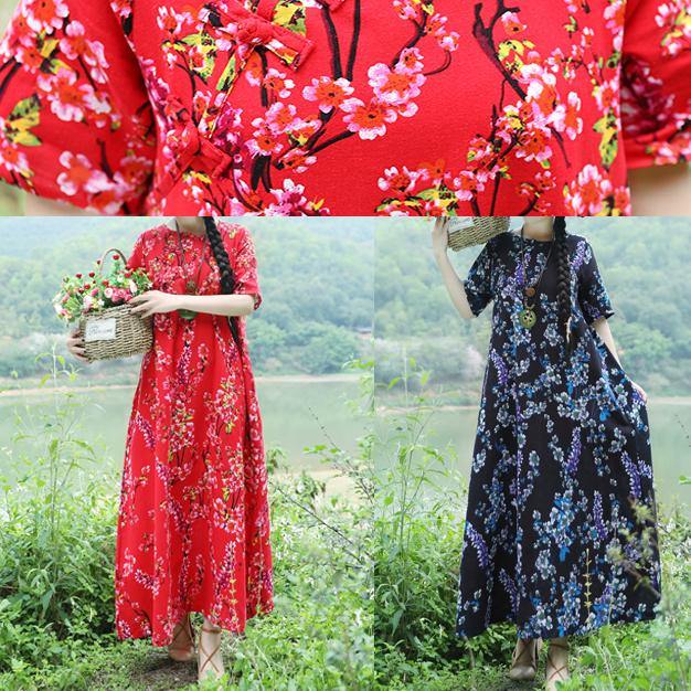 Italian Chinese Button cotton Tunics Omychic pattern red shift Dresses summer - SooLinen