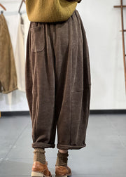 Italian Chocolate Elastic Waist Oversized Pockets Patchwork Corduroy Harem Pants Trousers Winter