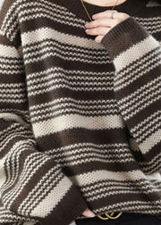 Italian Chocolate O-Neck Chunky Oversized Striped Wool Knitted Sweaters Winter