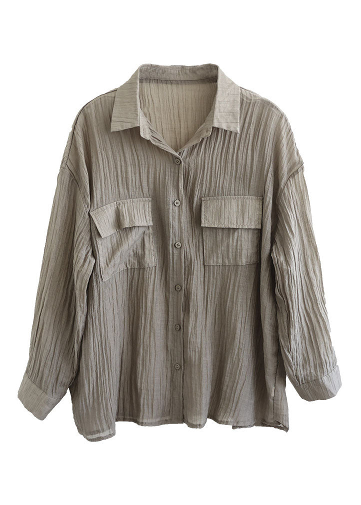 Italian Coffee Peter Pan Collar Wrinkled Patchwork Linen Shirt Top Spring