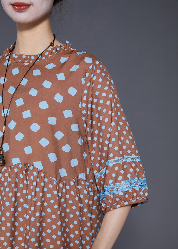 Italian Coffee Ruffled Patchwork Print Silk Mid Dress Summer