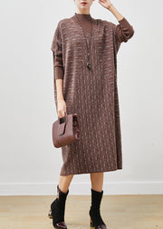 Italian Coffee Stand Collar Patchwork Knit Sweater Dress Spring