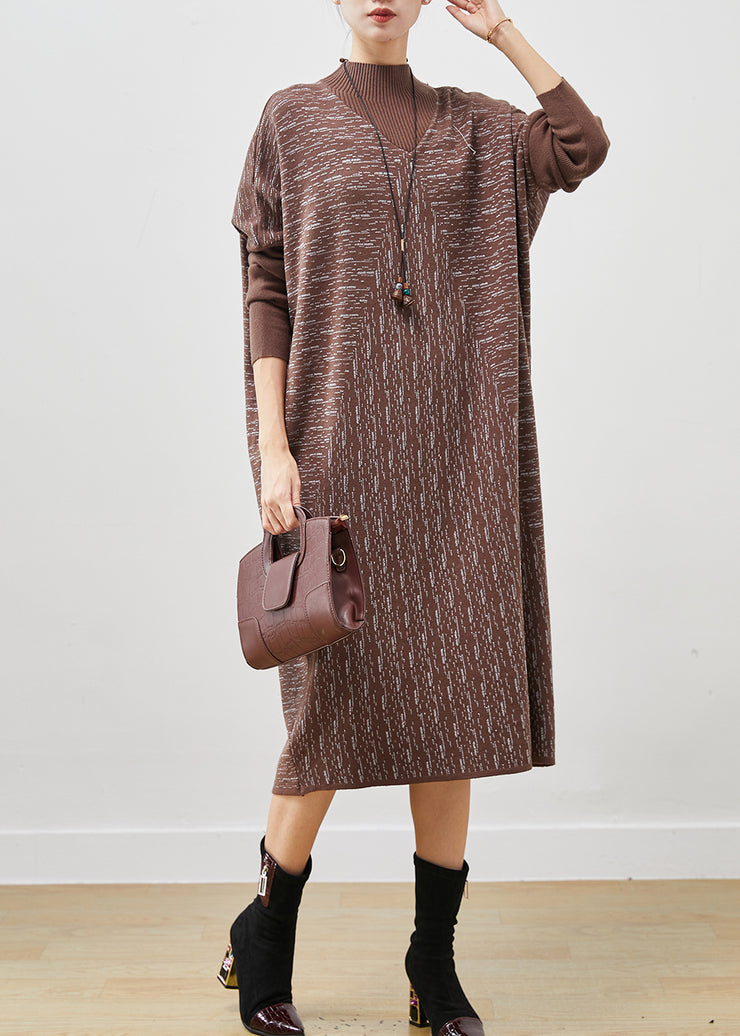 Italian Coffee Stand Collar Patchwork Knit Sweater Dress Spring