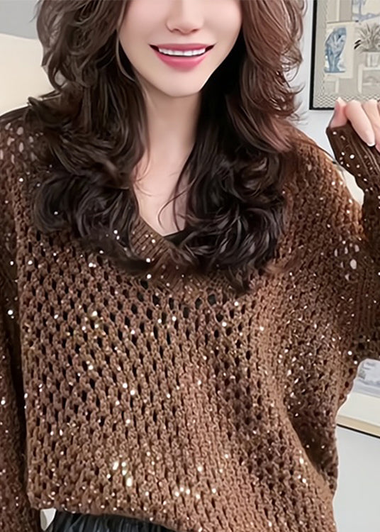 Italian Coffee V Neck Sequins Hollow Out Knit Sweater Tops Spring