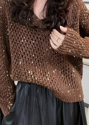 Italian Coffee V Neck Sequins Hollow Out Knit Sweater Tops Spring