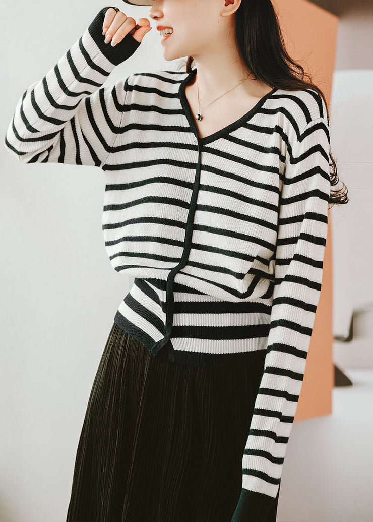 Italian Chocolate V Neck Striped Wool Knitted Tops Fall