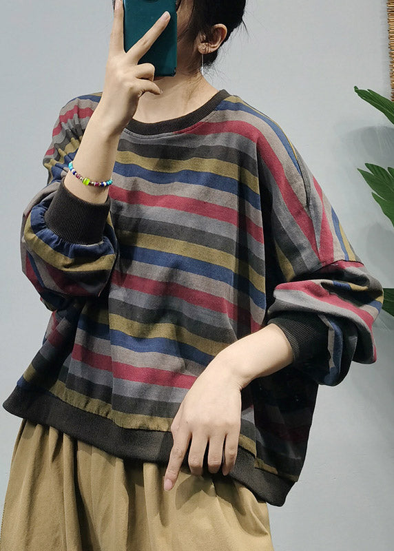 Italian Colorblock 1 O-Neck Striped Patchwork Cotton Sweatshirt Top Long Sleeve