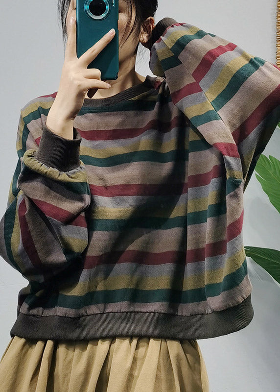 Italian Colorblock 1 O-Neck Striped Patchwork Cotton Sweatshirt Top Long Sleeve
