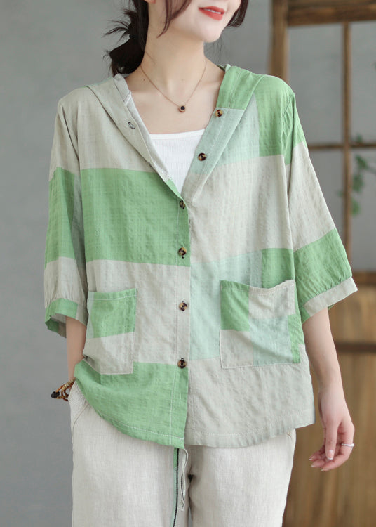 Italian Colorblock Hooded Pockets Linen Shirt Summer