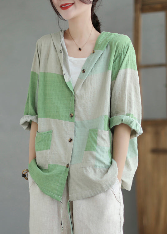 Italian Colorblock Hooded Pockets Linen Shirt Summer