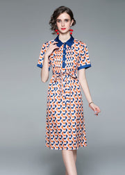 Italian Colorblock Peter Pan Collar Patchwork Print Tie Waist Silk Cinch Dress Short Sleeve